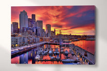 Charger l&#39;image dans la galerie, Seattle Skyline at Dawn Leather Print/Seattle Canvas Print/Large Wall Art/Large Wall Decor/Triptych/Made in Italy/Better than Canvas