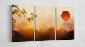 Japan Mountain Misty Dawn Illustration Wall Art Framed Canvas Print Triptych