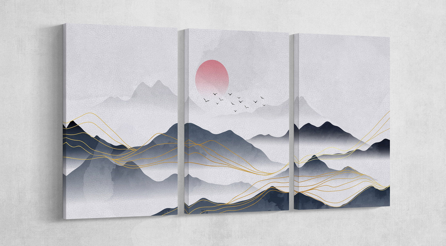 Japan Blue Mountains White Background Illustration Wall Art triptych canvas print