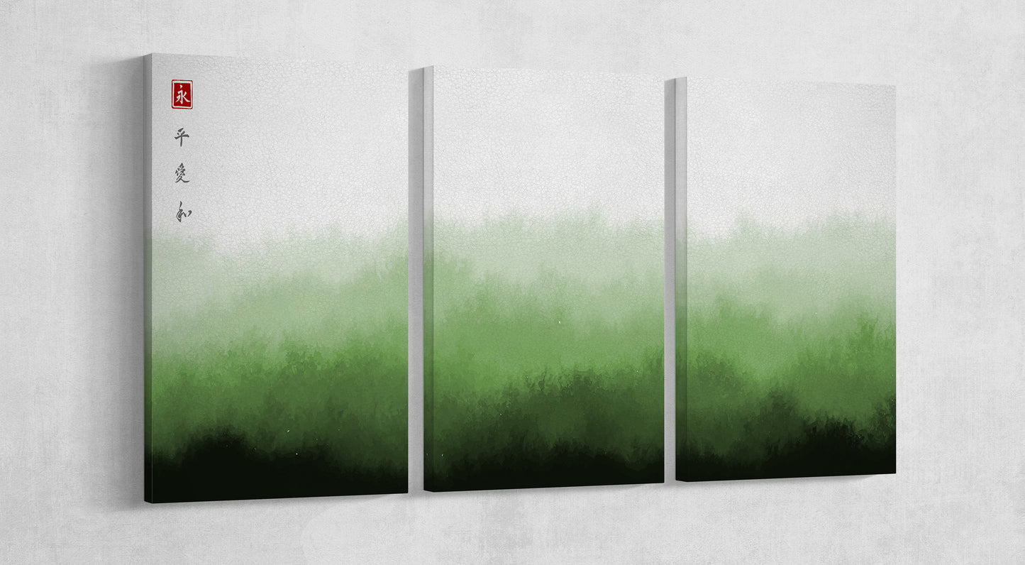 Japan Misty Green Mountains Traditional Oriental Ink Wall Art Framed Canvas Print Triptych