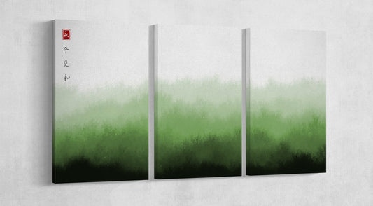 Japan Misty Green Mountains Traditional Oriental Ink Wall Art Framed Canvas Print Triptych