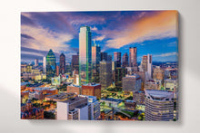 Laden Sie das Bild in den Galerie-Viewer, Dallas, Texas, Skyline at Dawn Wall Art Canvas Leather Print, Made in Italy!