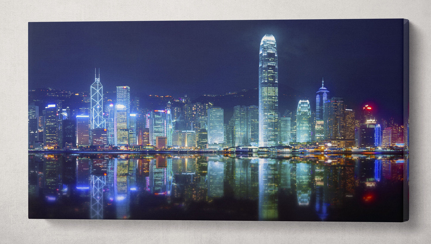 Victoria Harbor of Hong Kong Framed Canvas Leather Print