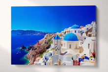 Load image into Gallery viewer, 3 Panel Oia town on Santorini island, Greece Framed Canvas Leather Print