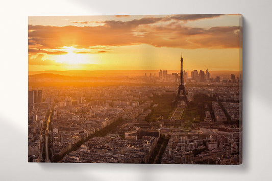 Paris, Eiffel Tower Aerial View at Sunset Canvas Eco Leather Print, Made in Italy!
