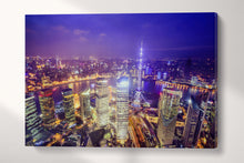 Carica l&#39;immagine nel visualizzatore di Gallery, 3 Panel Shanghai Skyline at Night Framed Canvas Leather Print