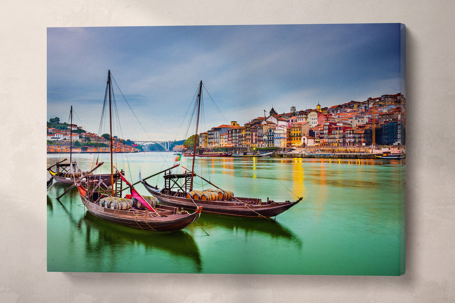 Porto Portugal Douro River with Traditional Rabelo Boats Canvas Eco Leather Print, Made in Italy!