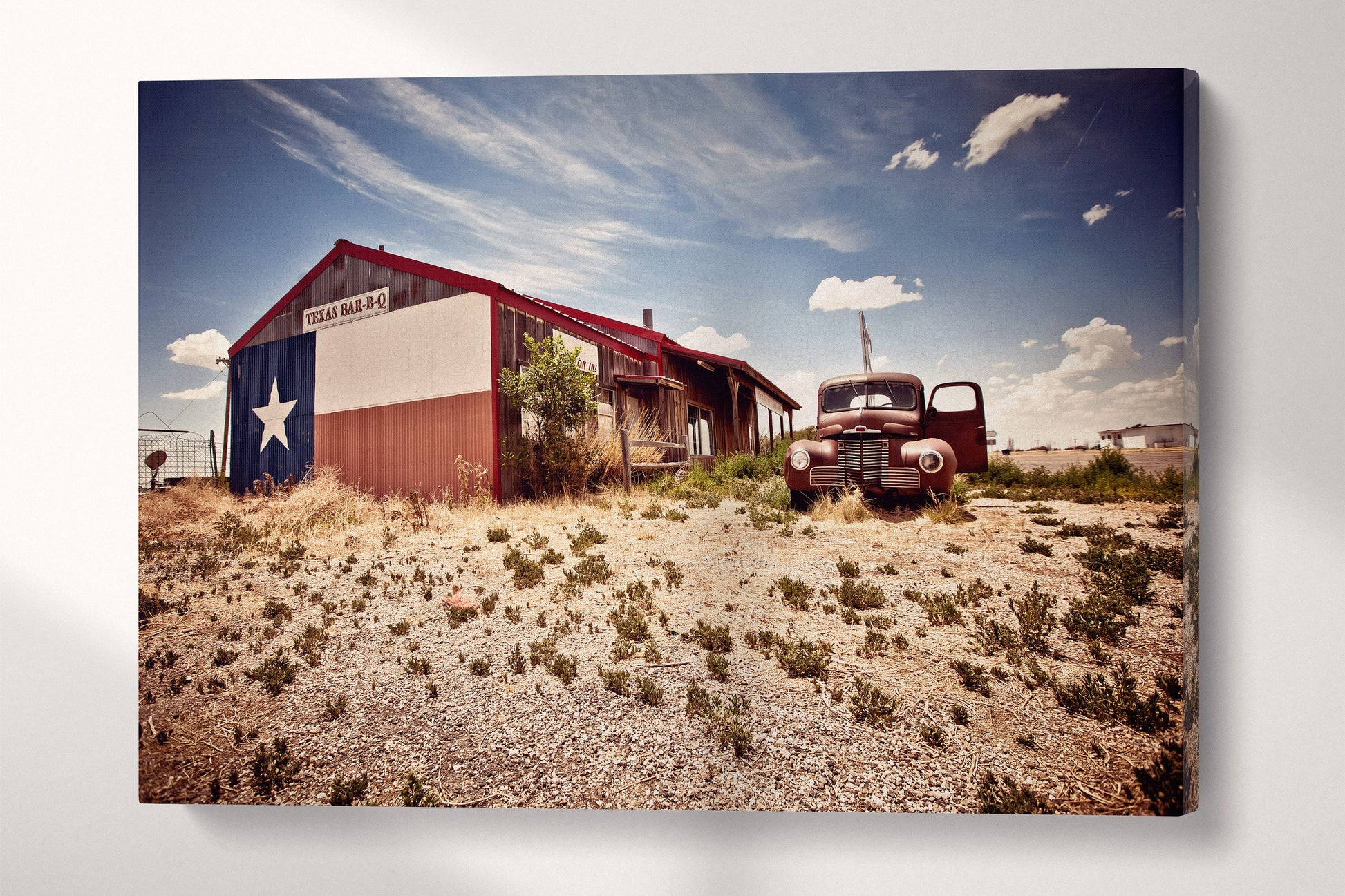 Abandoned Texas Bar-B-Q Restaurant on Route 66 Canvas Eco Leather Print, Made in Italy!