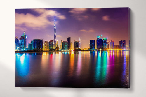 Dubai lights skyline at dusk canvas print