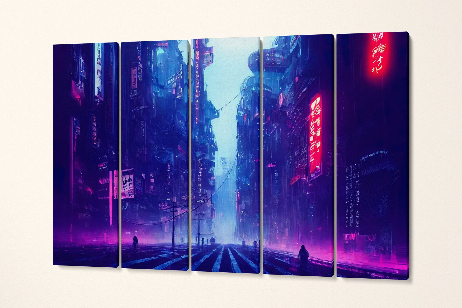 Cyberpunk City Japan Lights Canvas Wall Art Home Decor Leather Print 5 Panels