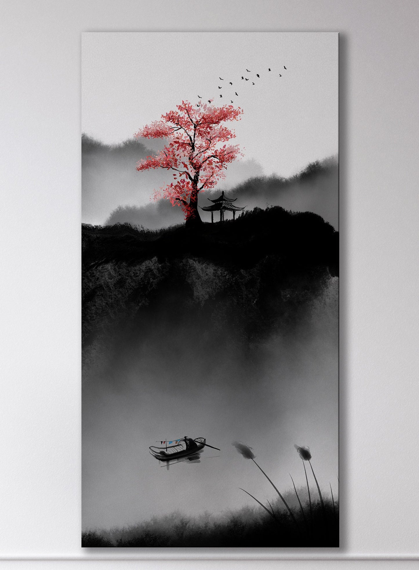 Oriental Art Cherry Blossom Sakura Black and White Canvas Wall Decor