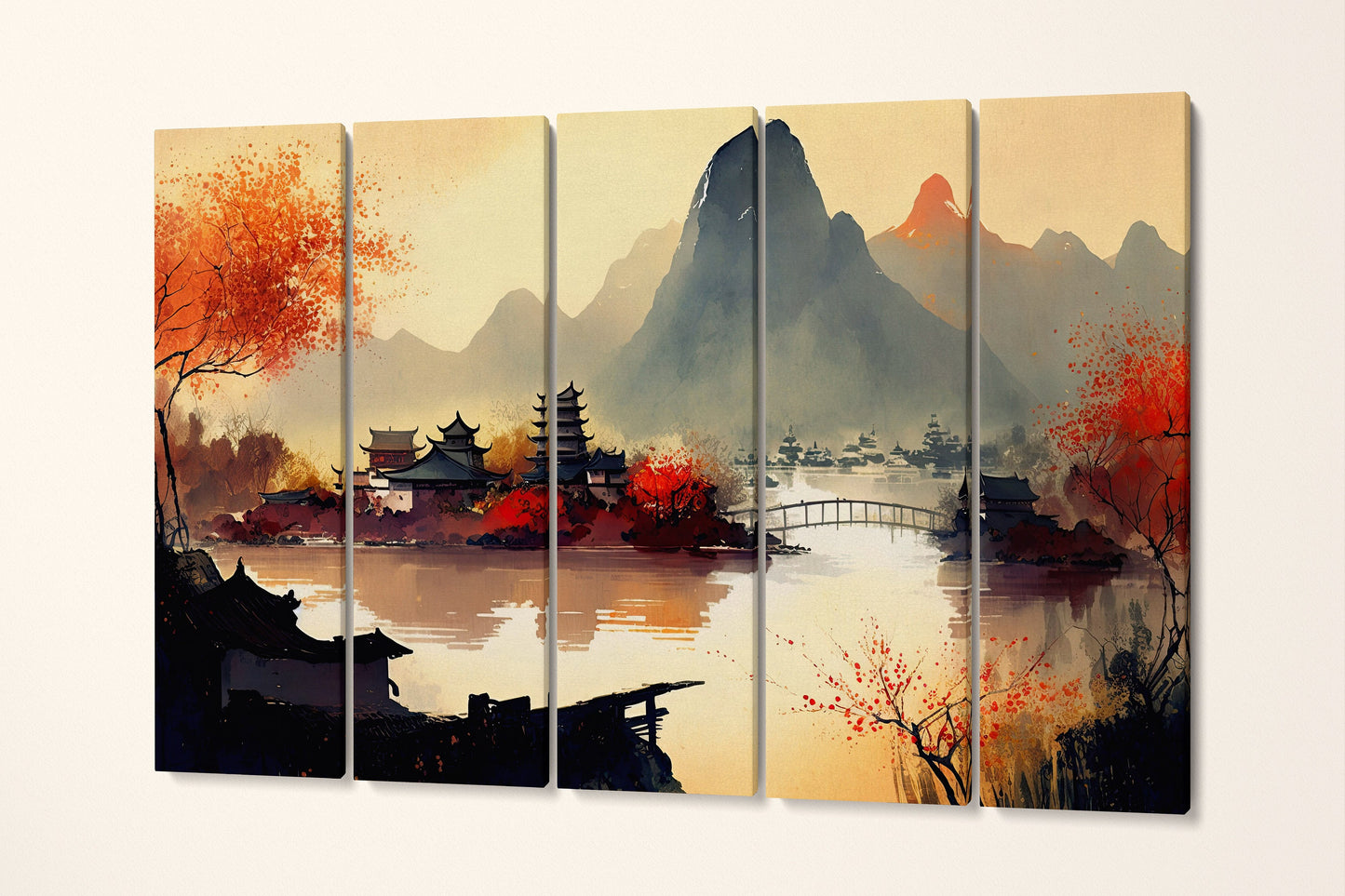 Oriental Chinese Warm Tones Landscape Wall Art Framed Canvas Eco Leather Print 5 Panels