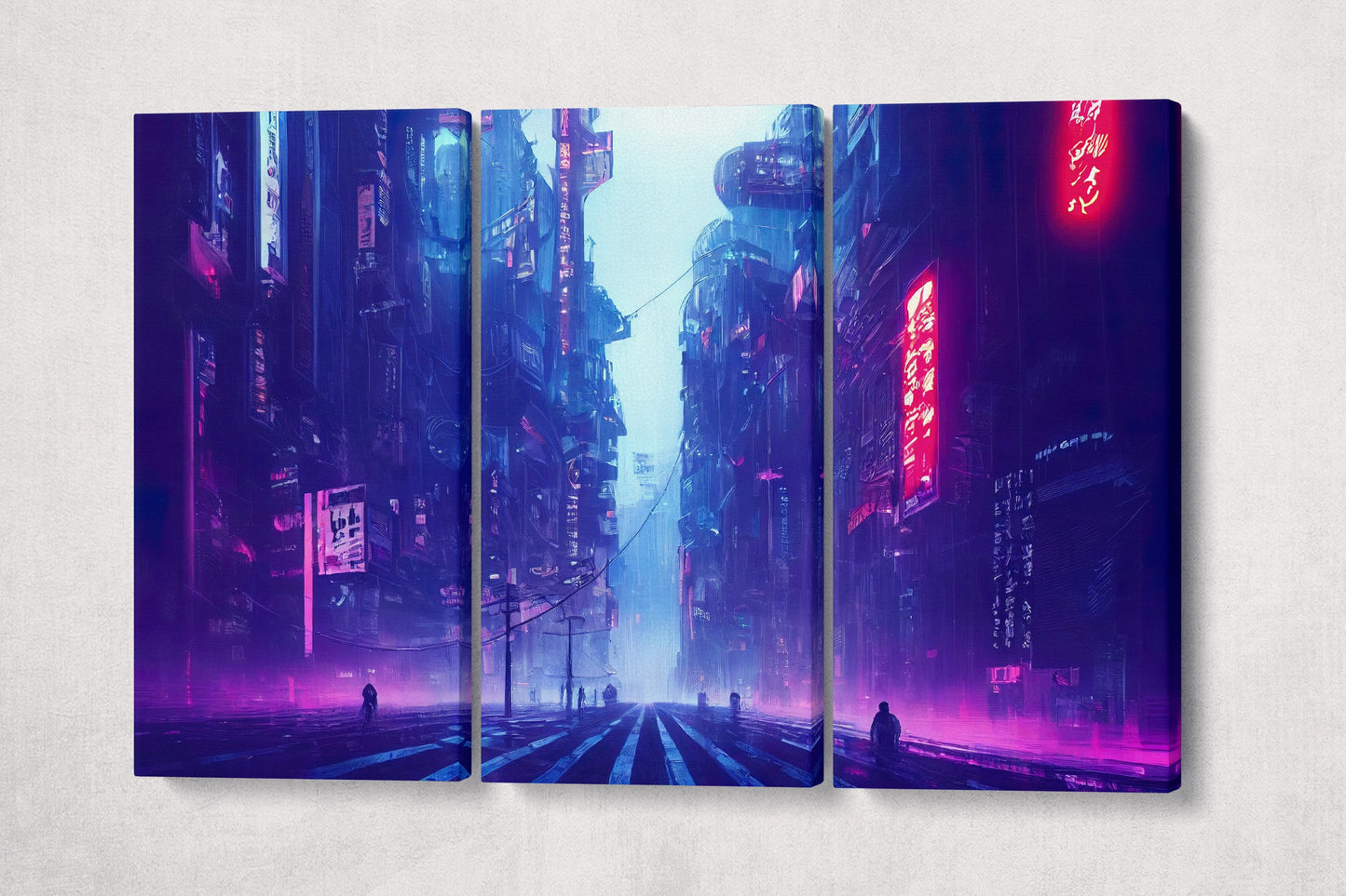 Cyberpunk City Japan Lights Canvas Wall Art Home Decor Leather Print Triptych Grey Wall