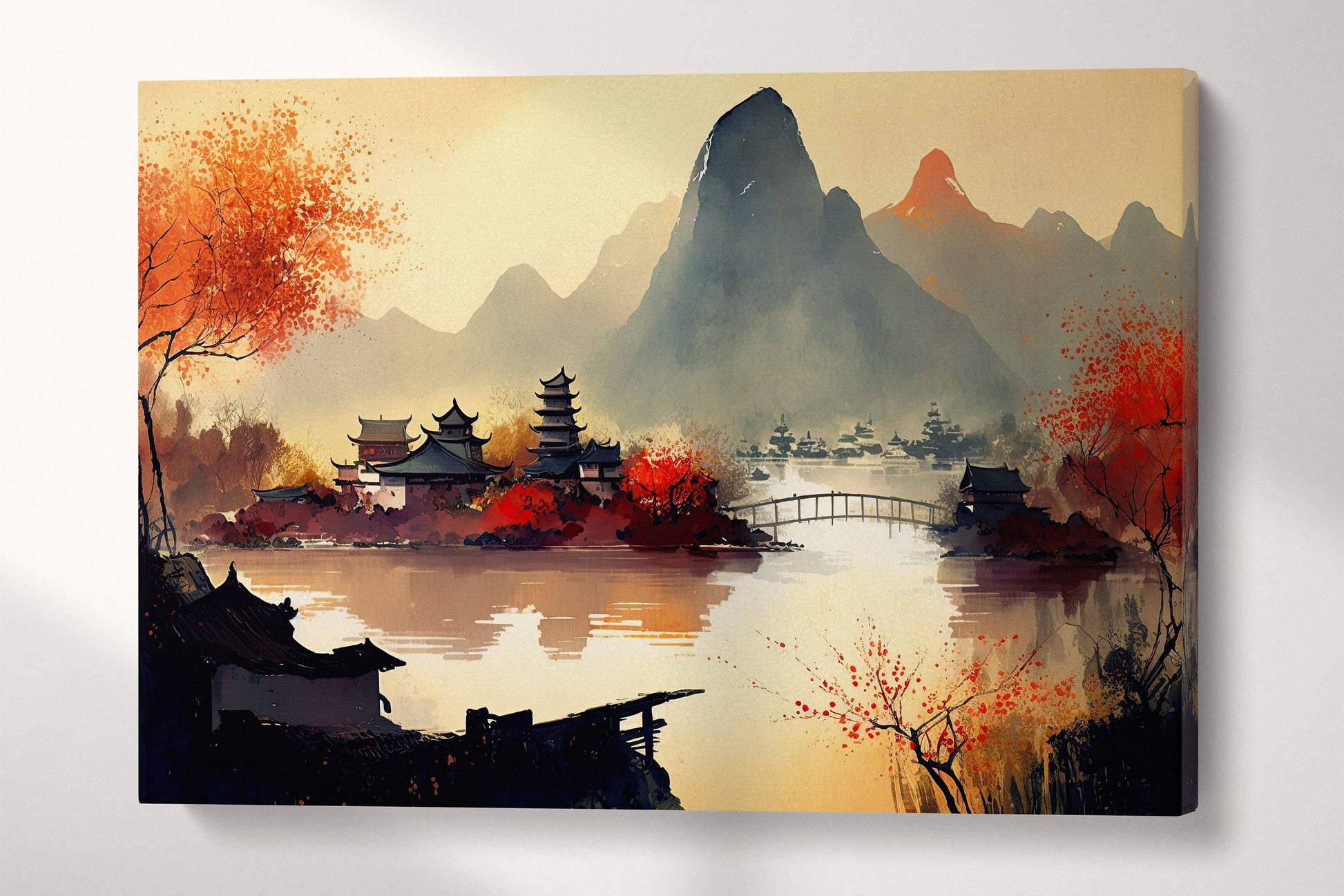 Oriental Chinese Warm Tones Landscape Wall Art Framed Canvas Eco Leather Print Wall