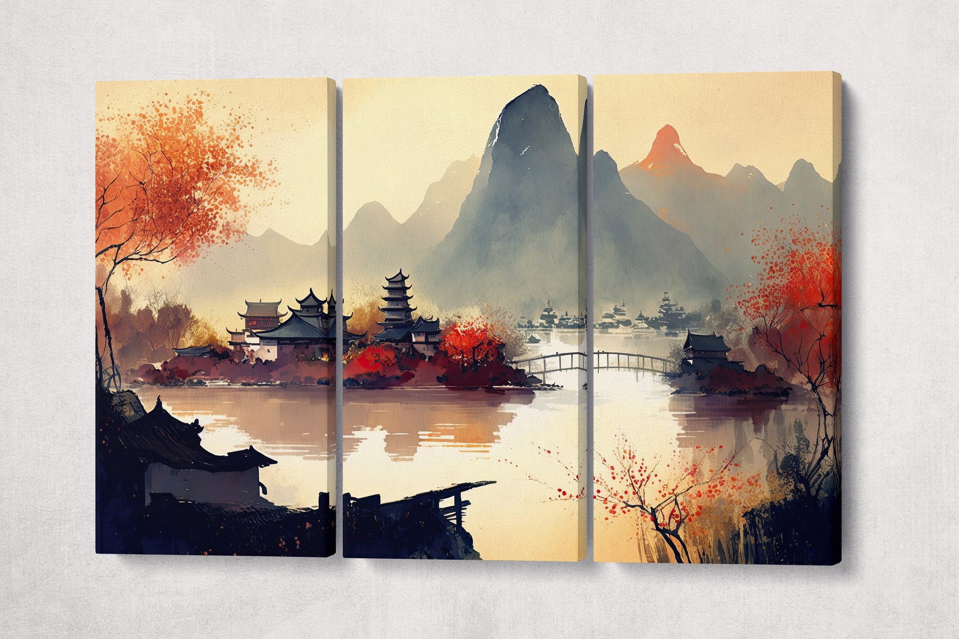 Oriental Chinese Warm Tones Landscape Wall Art Framed Canvas Eco Leather Print  Triptych Grey Wall