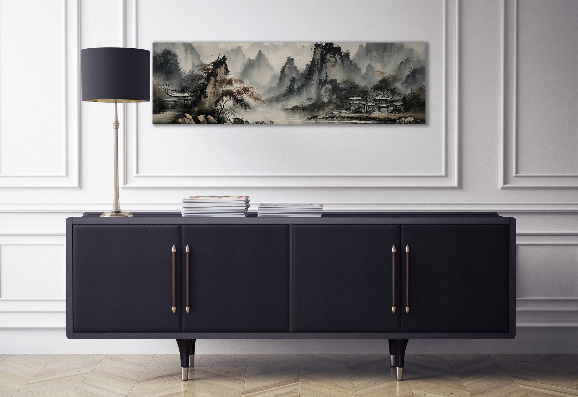 Traditional Oriental Chinese Landscape River and Mountains Wall Art Canvas Print, Made in Italy!