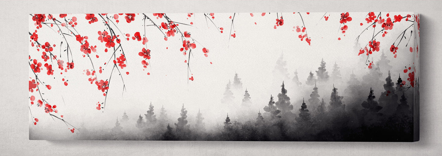 Japanese Black Forest Red Sakura Landscape Wall Art Framed Eco Leather Canvas Print 3D