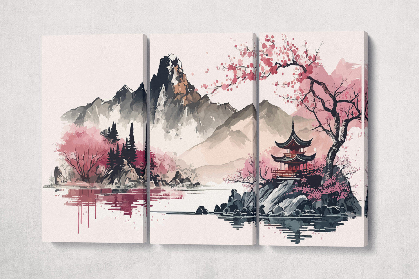 Minimalistic Pink Japan Artwork Wall Art Framed Canvas Eco Leather Print Triptych Grey Wall
