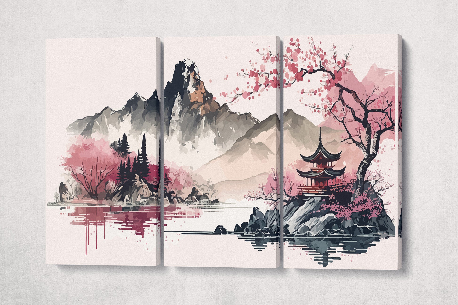 Minimalistic Pink Japan Artwork Wall Art Framed Canvas Eco Leather Print Triptych Grey Wall
