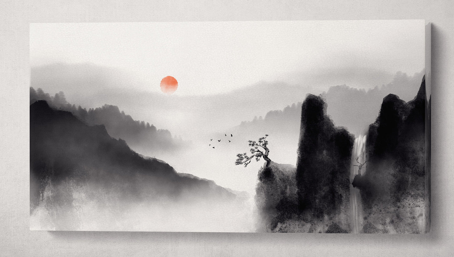 Oriental Japan Artwork Black and White Mountains Red Sun Wall Art Canvas Print Wall 3D