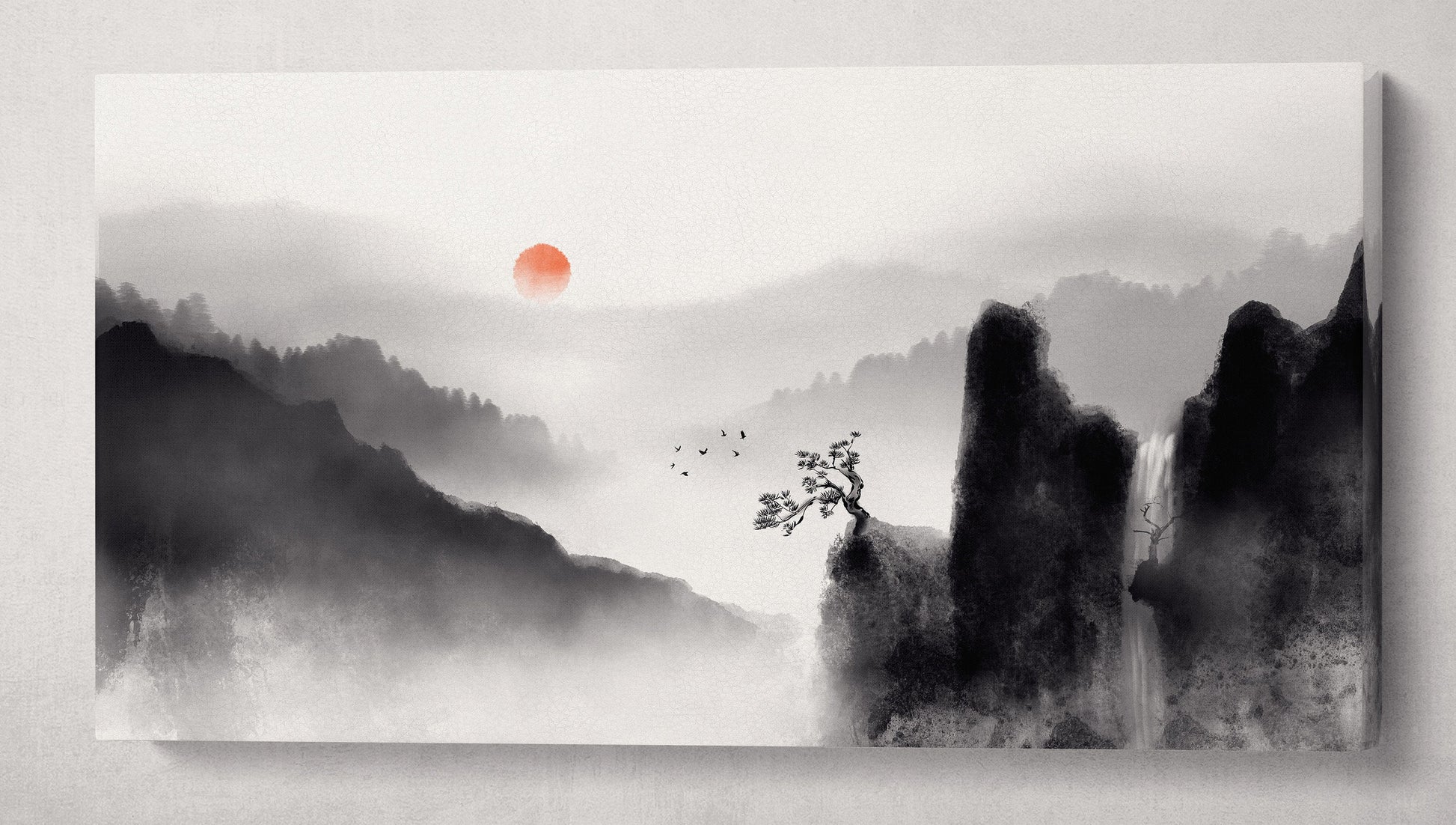 Oriental Japan Artwork Black and White Mountains Red Sun Wall Art Canvas Print Wall 3D