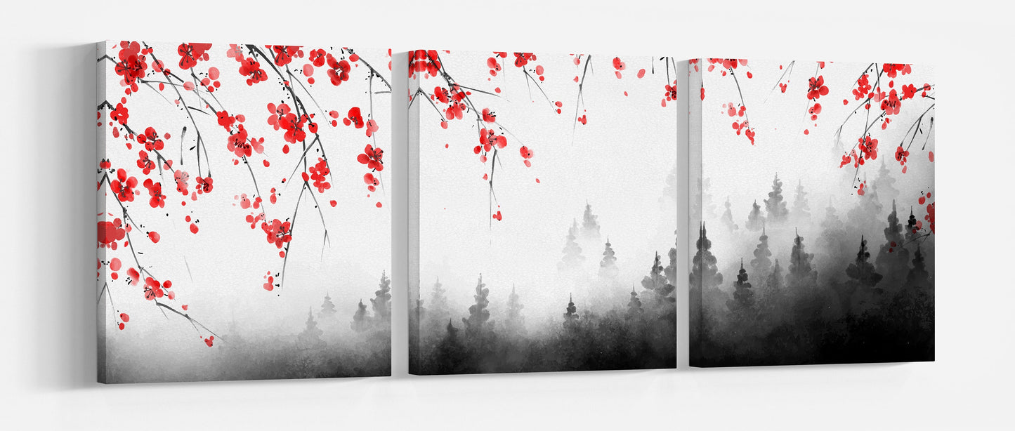 Japanese Black Forest Red Sakura Landscape Wall Art Framed Eco Leather Canvas Print 105x36 cm Thiptych