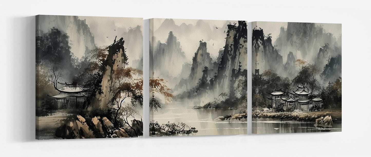 Traditional Oriental Chinese Landscape River and Mountains Wall Art Canvas Print, Made in Italy!