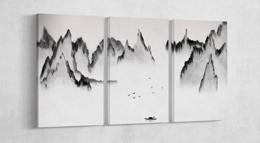 Chinese Traditional Mountain Black and White Illustration Wall Art Framed Canvas Print, Made in Italy!