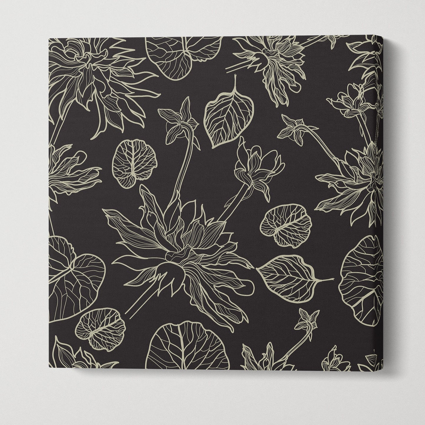 Floral Artwork Black Khaki Square Canvas