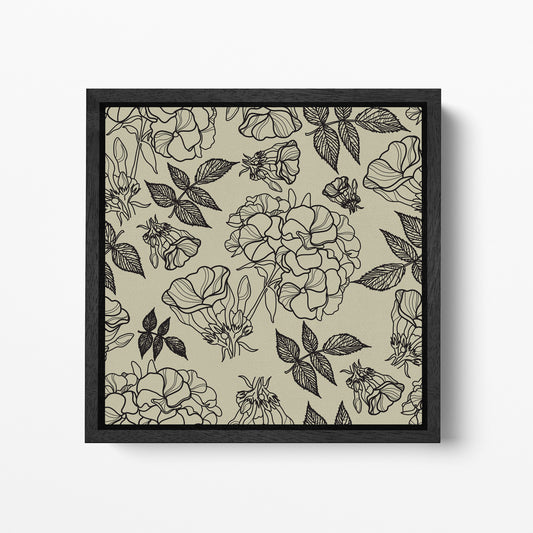 Floral Artwork Black Khaki Black Square Canvas