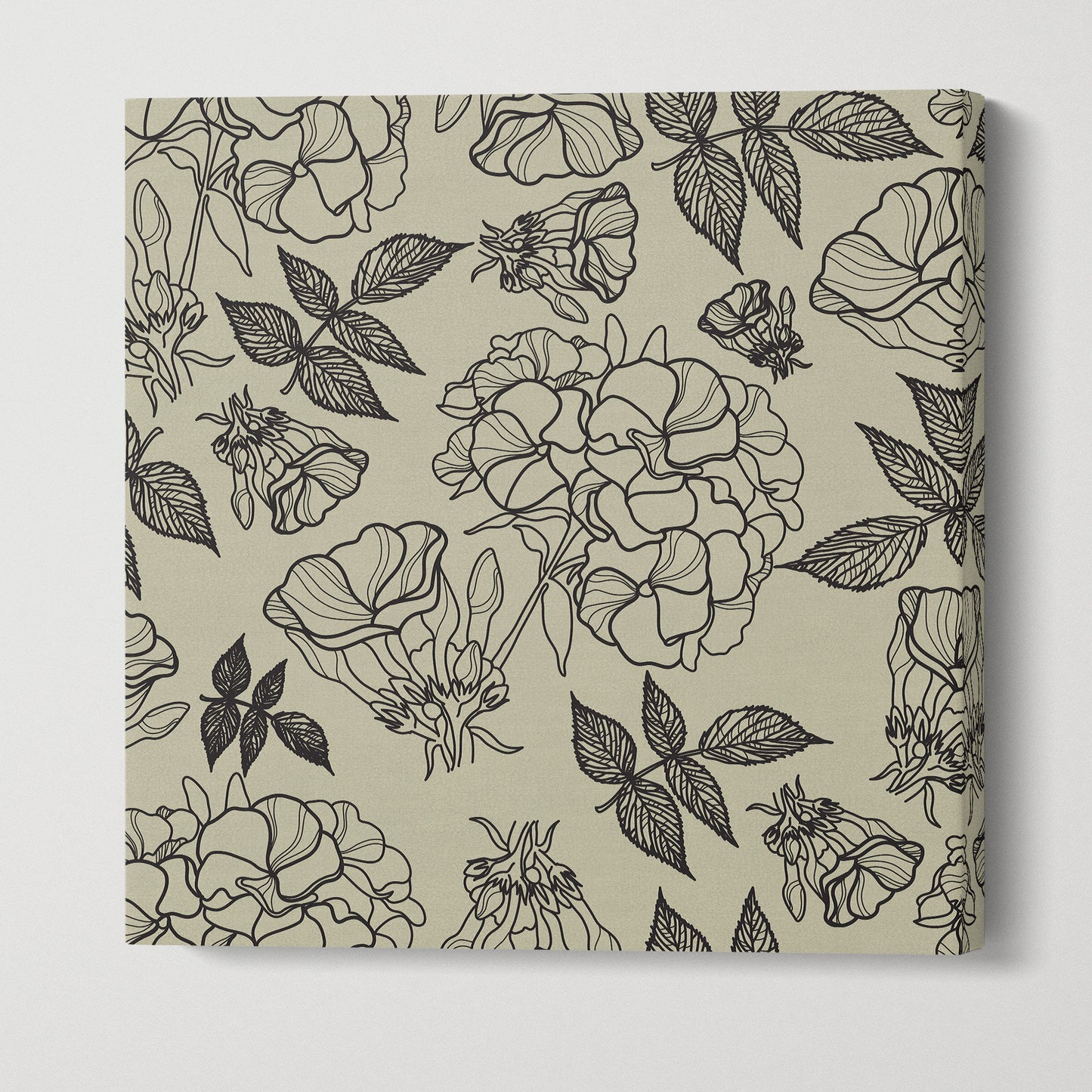 Floral Artwork Black Khaki Square Canvas