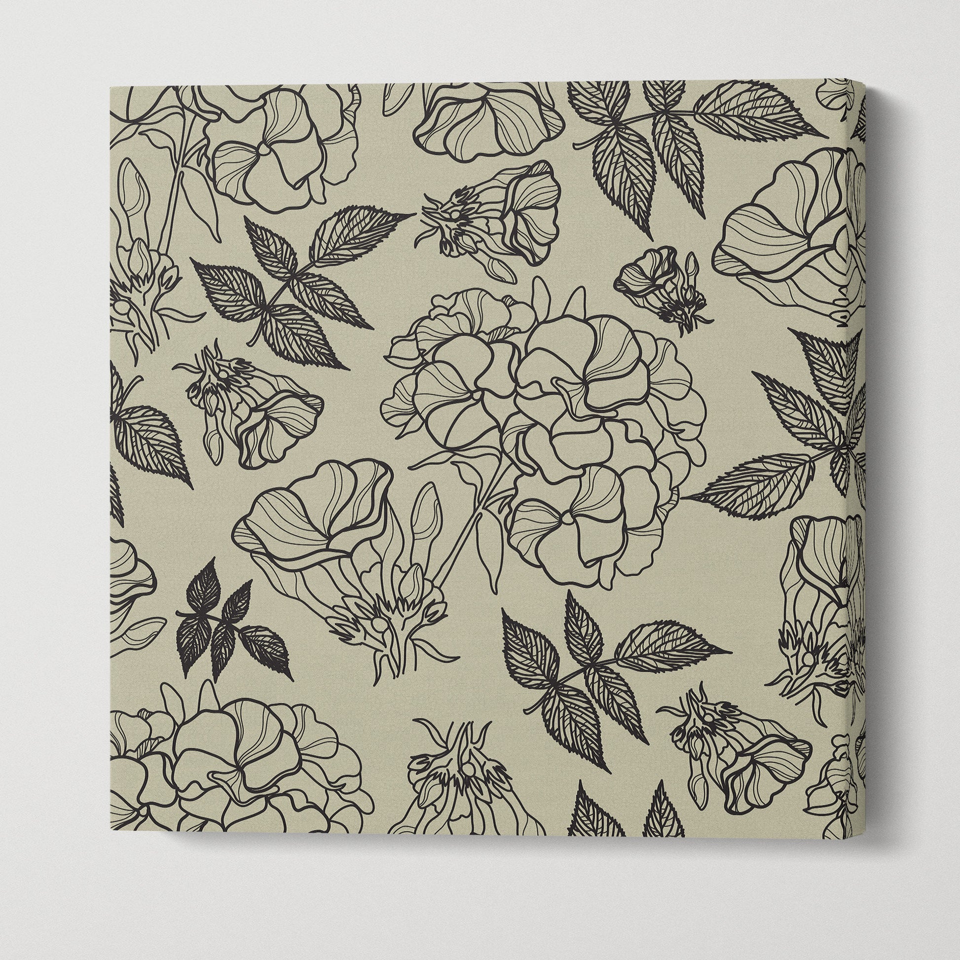 Floral Artwork Black Khaki Square Canvas