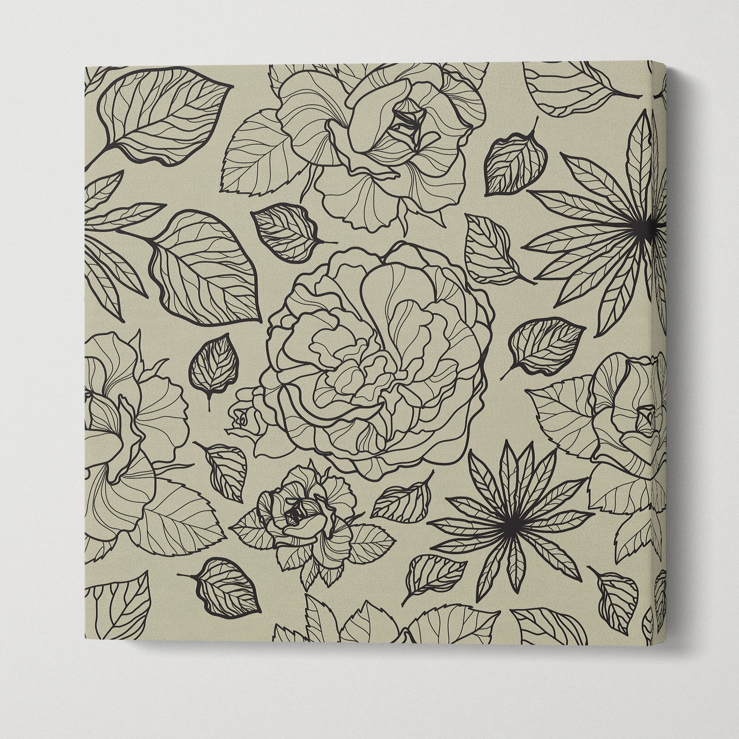 Floral Artwork Black Khaki Square Canvas