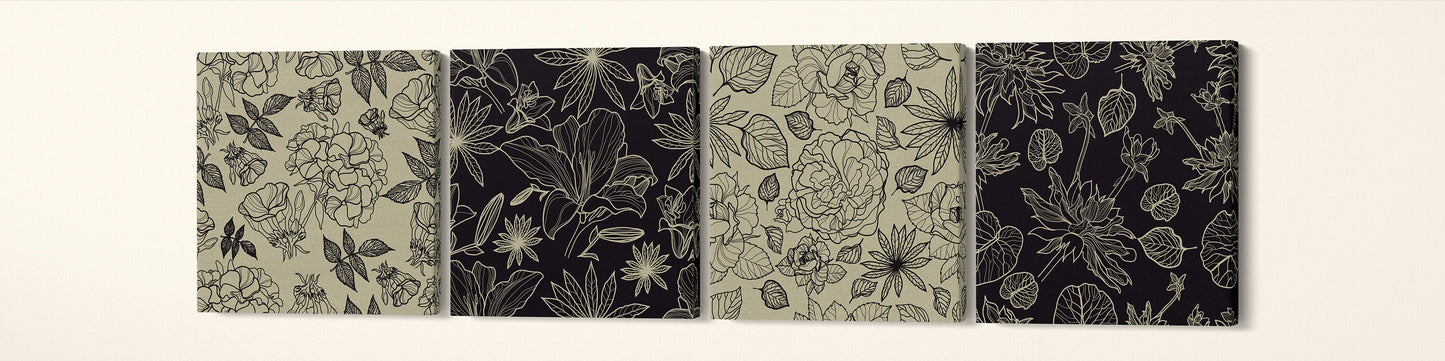 Floral Artwork Black Khaki Square Canvas 4 panels