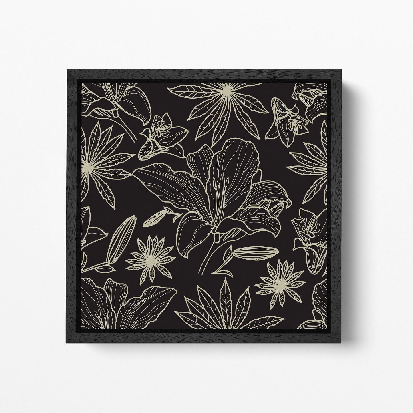Floral Artwork Black Khaki Black Square Canvas