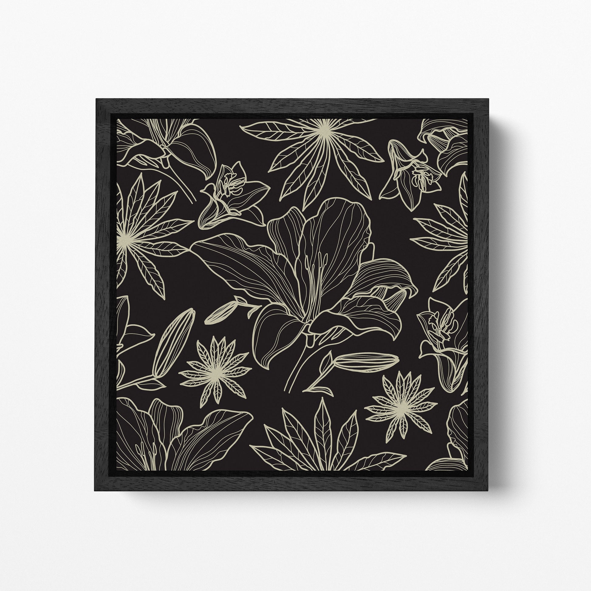Floral Artwork Black Khaki Black Square Canvas
