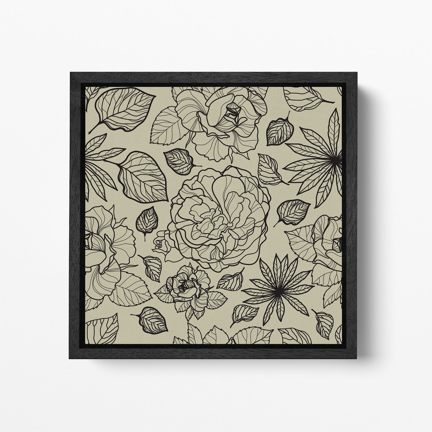 Floral Artwork Black Khaki Black Square Canvas