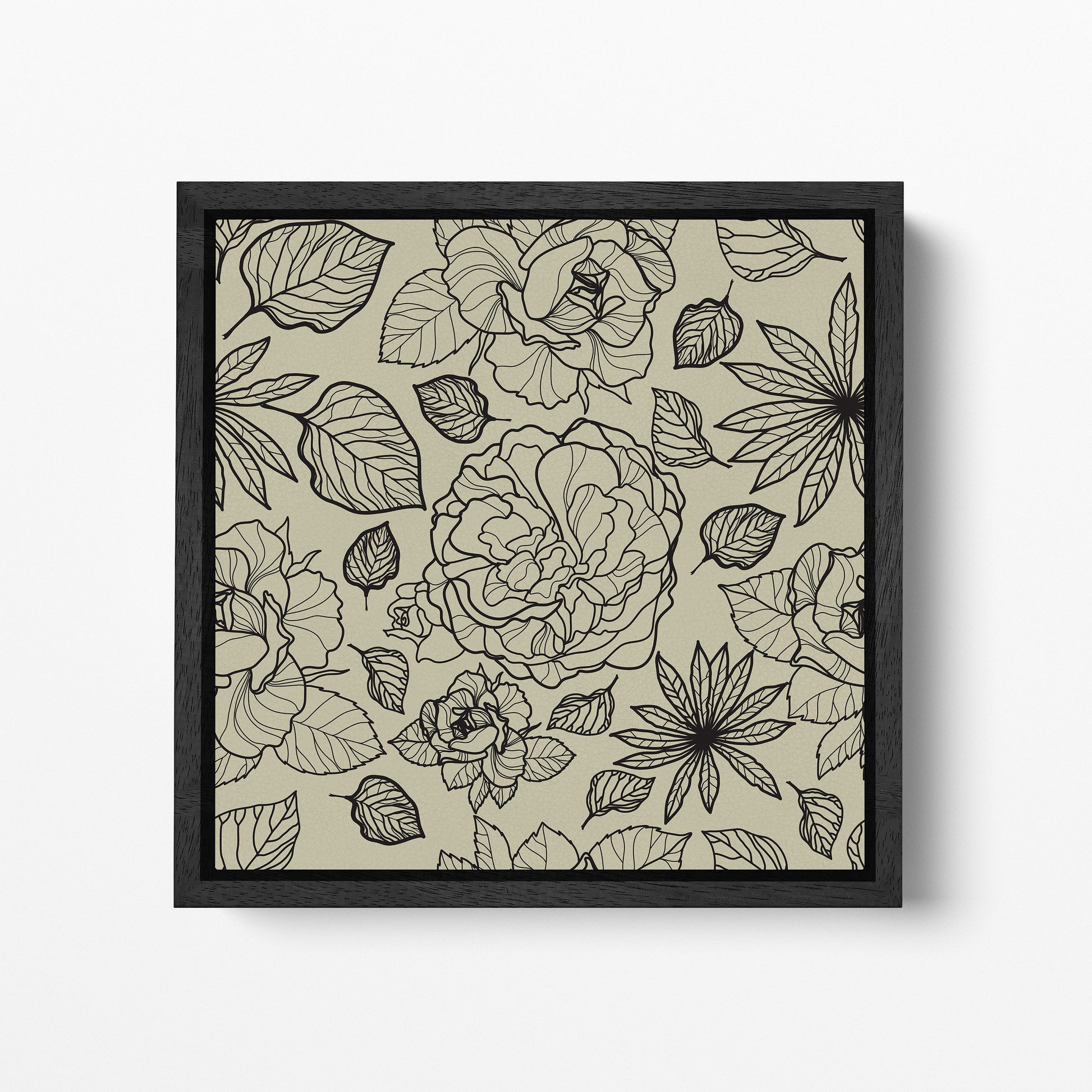 Floral Artwork Black Khaki Black Square Canvas