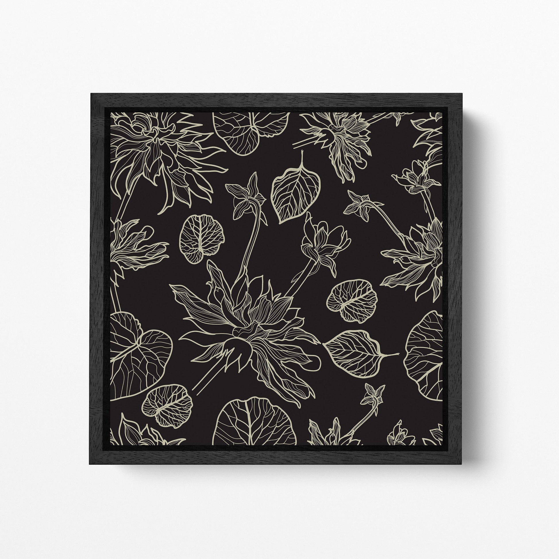 Floral Artwork Black Khaki Black Square Canvas