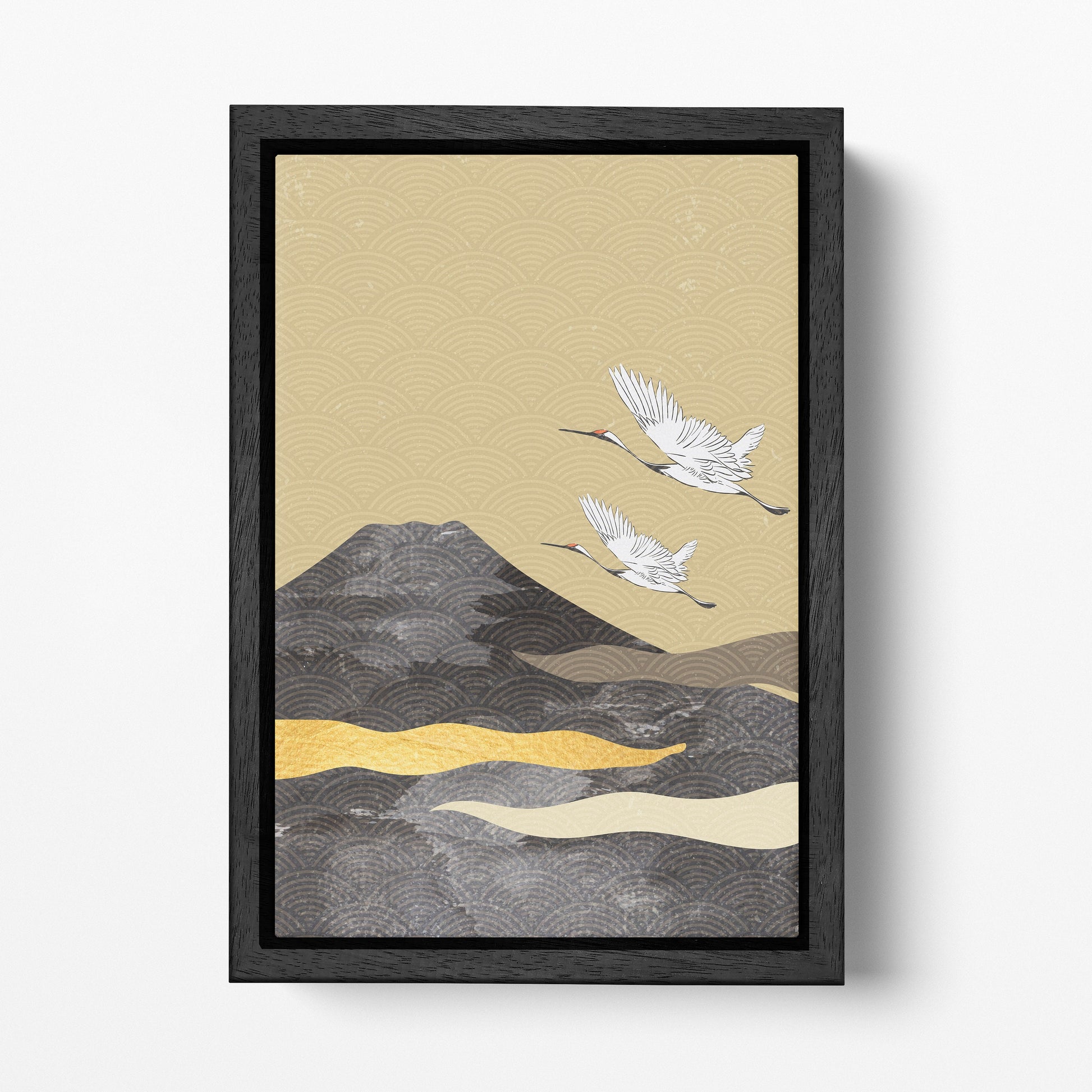 Japan Fuji herons wall art canvas black frame