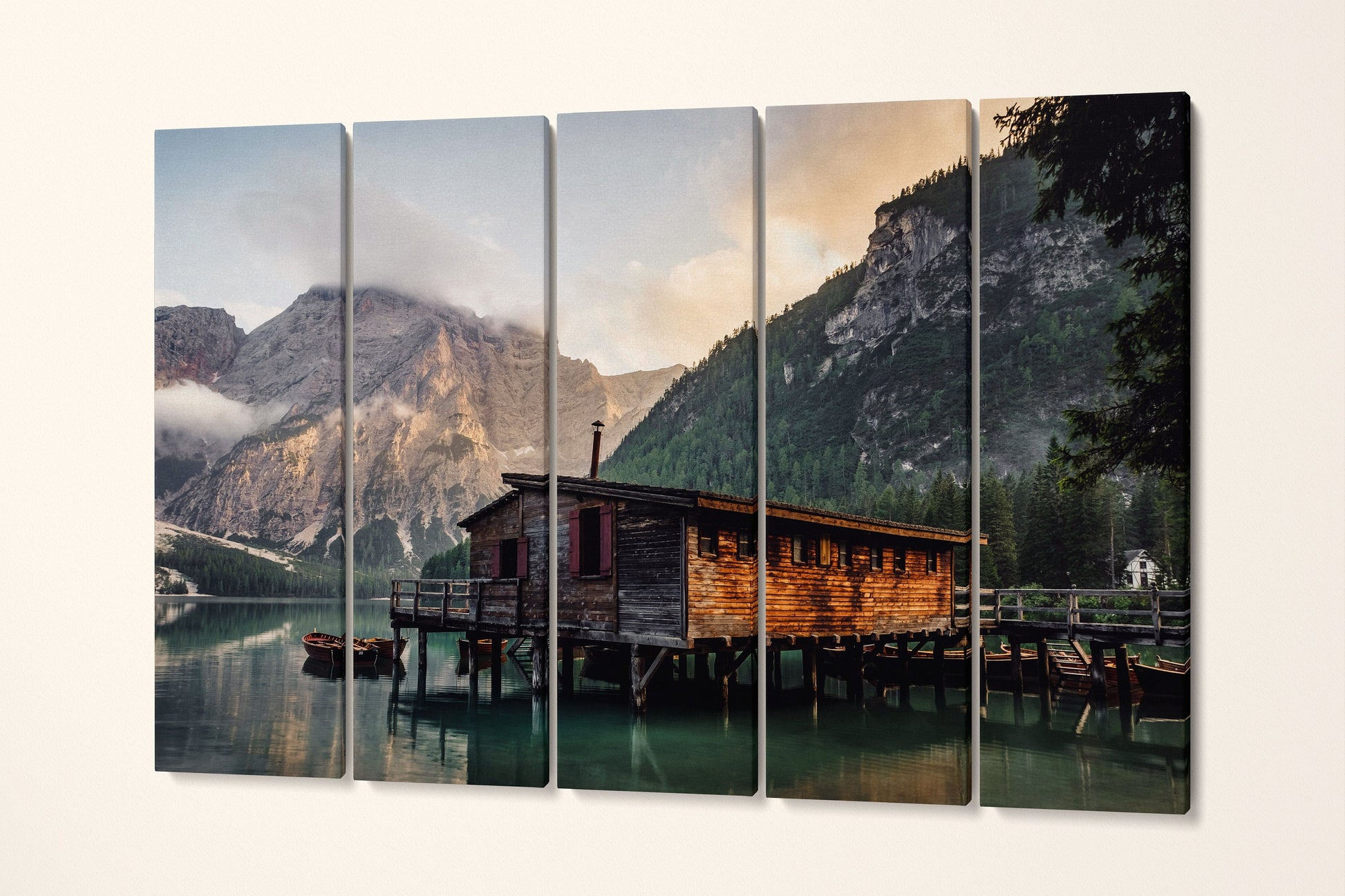 Lake Braies wooden house wall art canvas eco leather print 5 panels