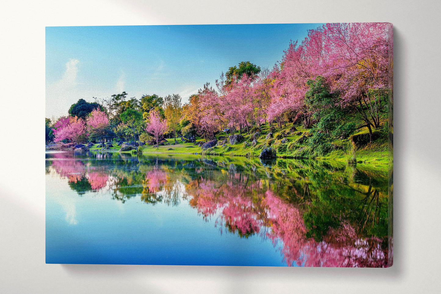 Japan Cherry Tree Blossom Lake Reflection Wall Art Canvas Eco Leather Print 3D