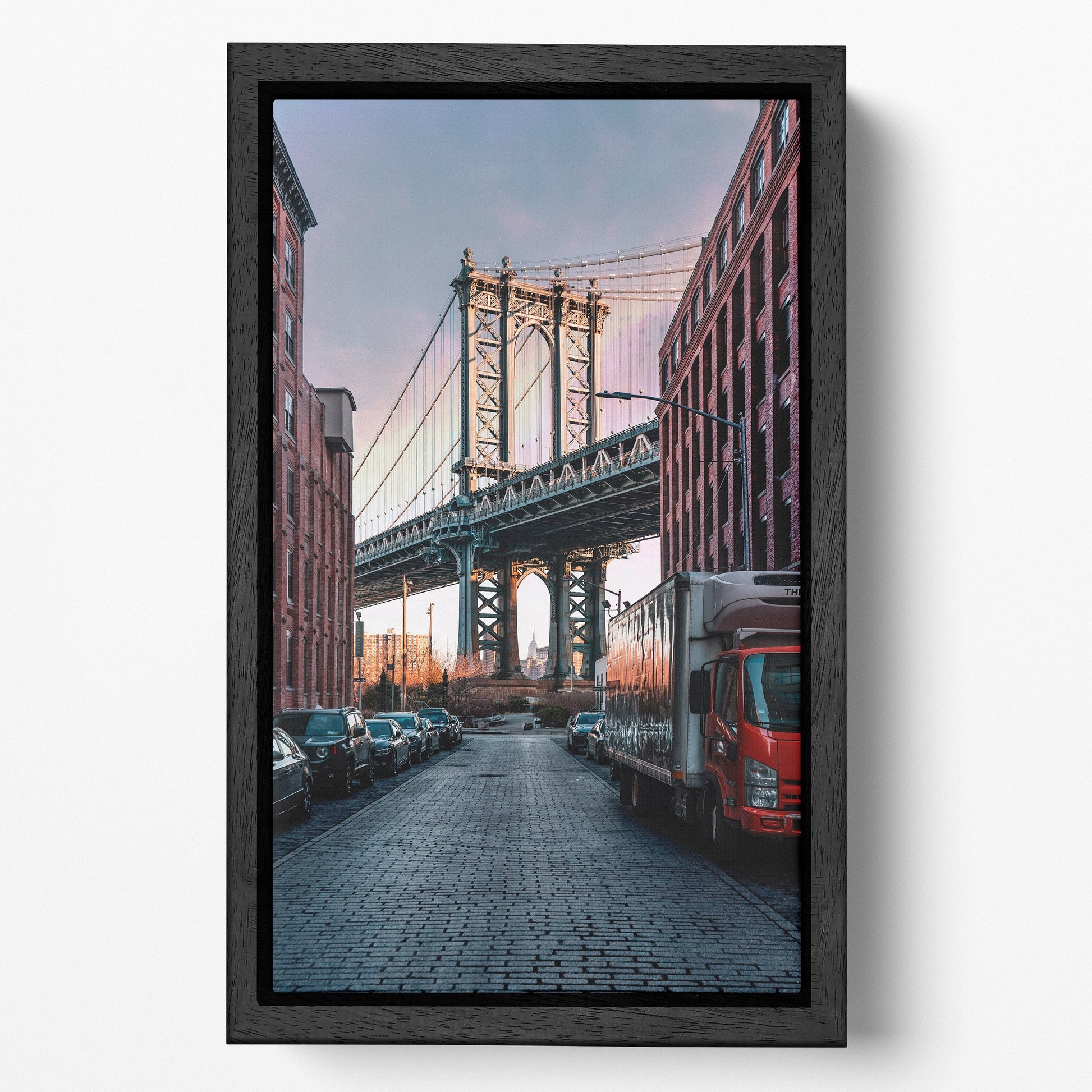 Manhattan Bridge New York City Brooklyn DUMBO iconic spot Washington Street canvas wall art home decor eco leather print, Made in Italy!