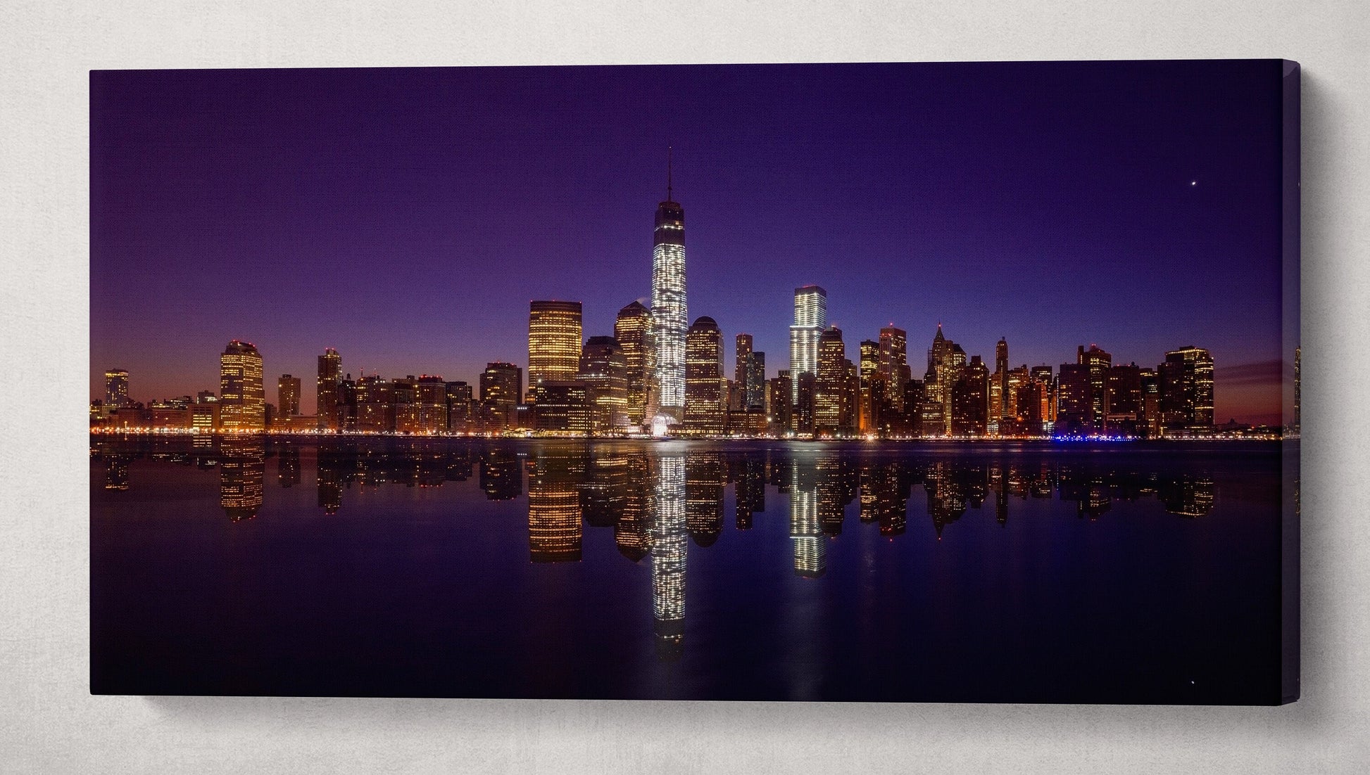 Manhattan Skyline Lights at Night Canvas Wall Art Eco Leather Print