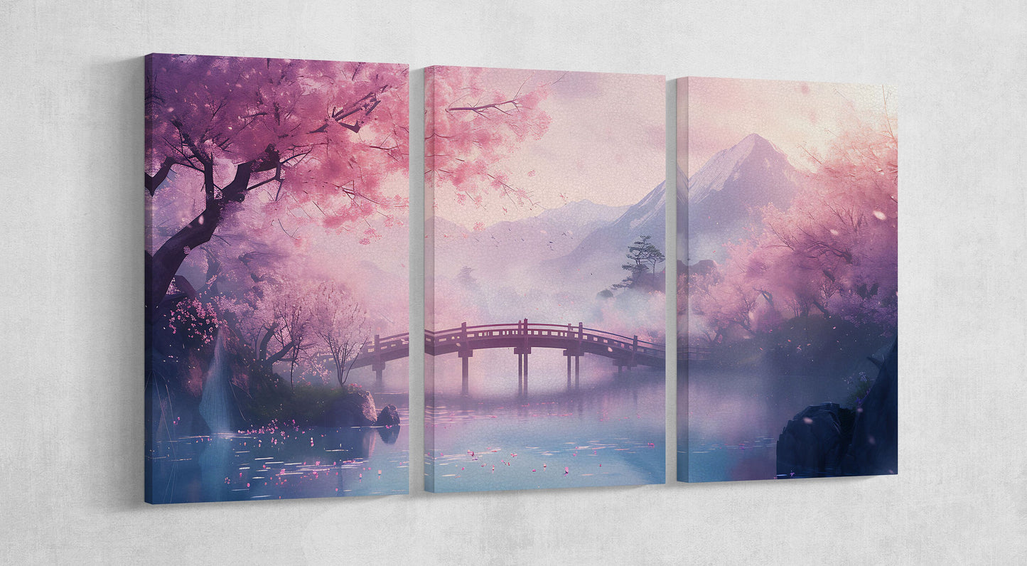 Cherry blossom landscape Japan manga Triptych