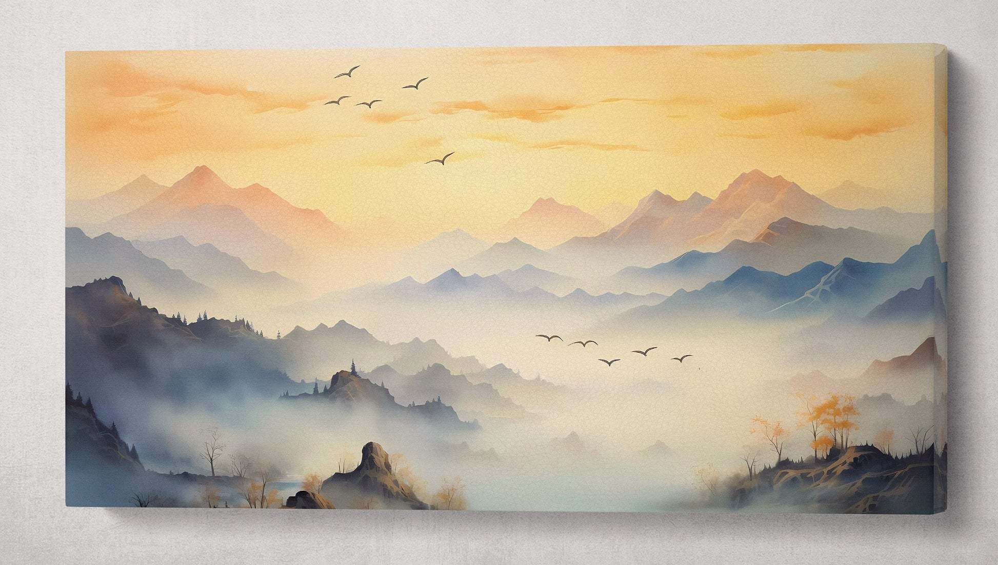 Beige Japan Mountain Sunrise Wall Art Home Decor Framed Canvas Print Wall