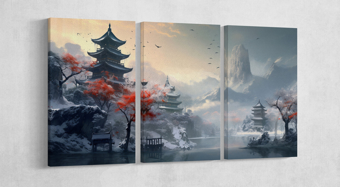 Pagoda River Snow Mountains Japan 3 panels print