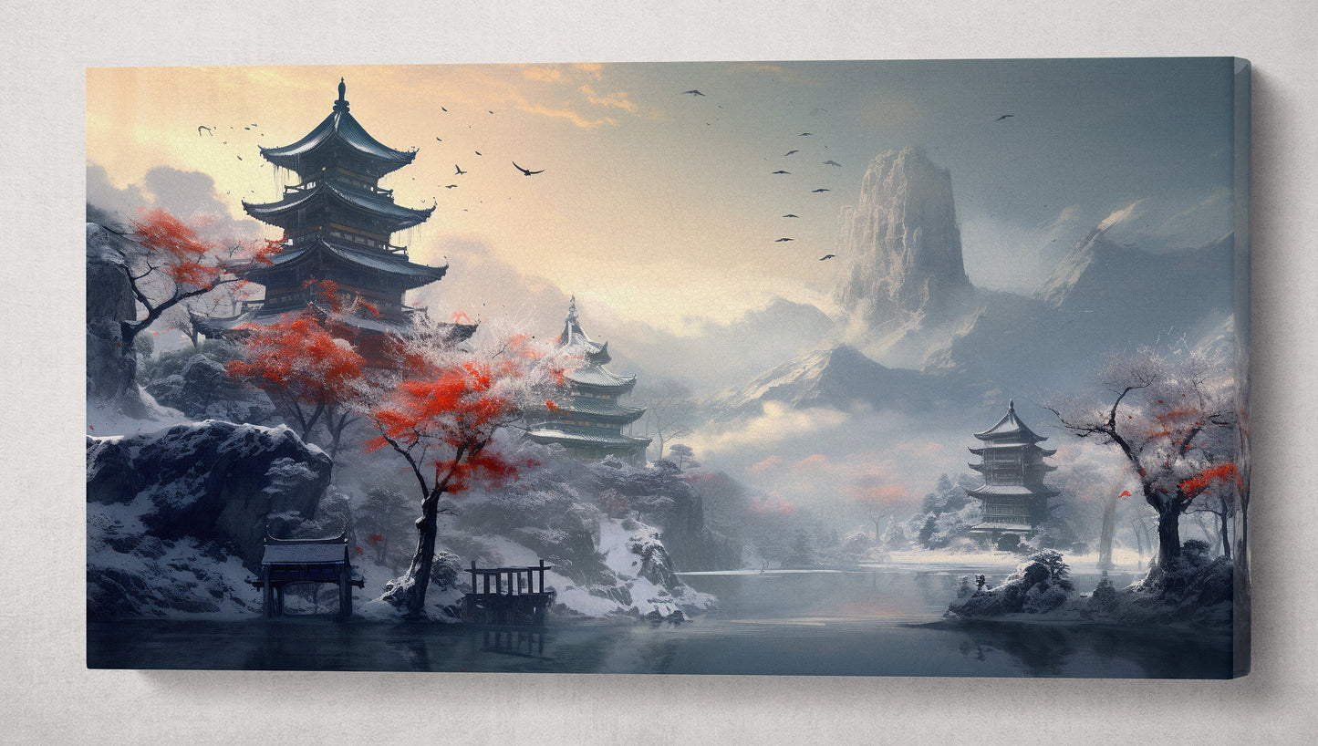 Pagoda River Snow Mountains Japan canvas wall art