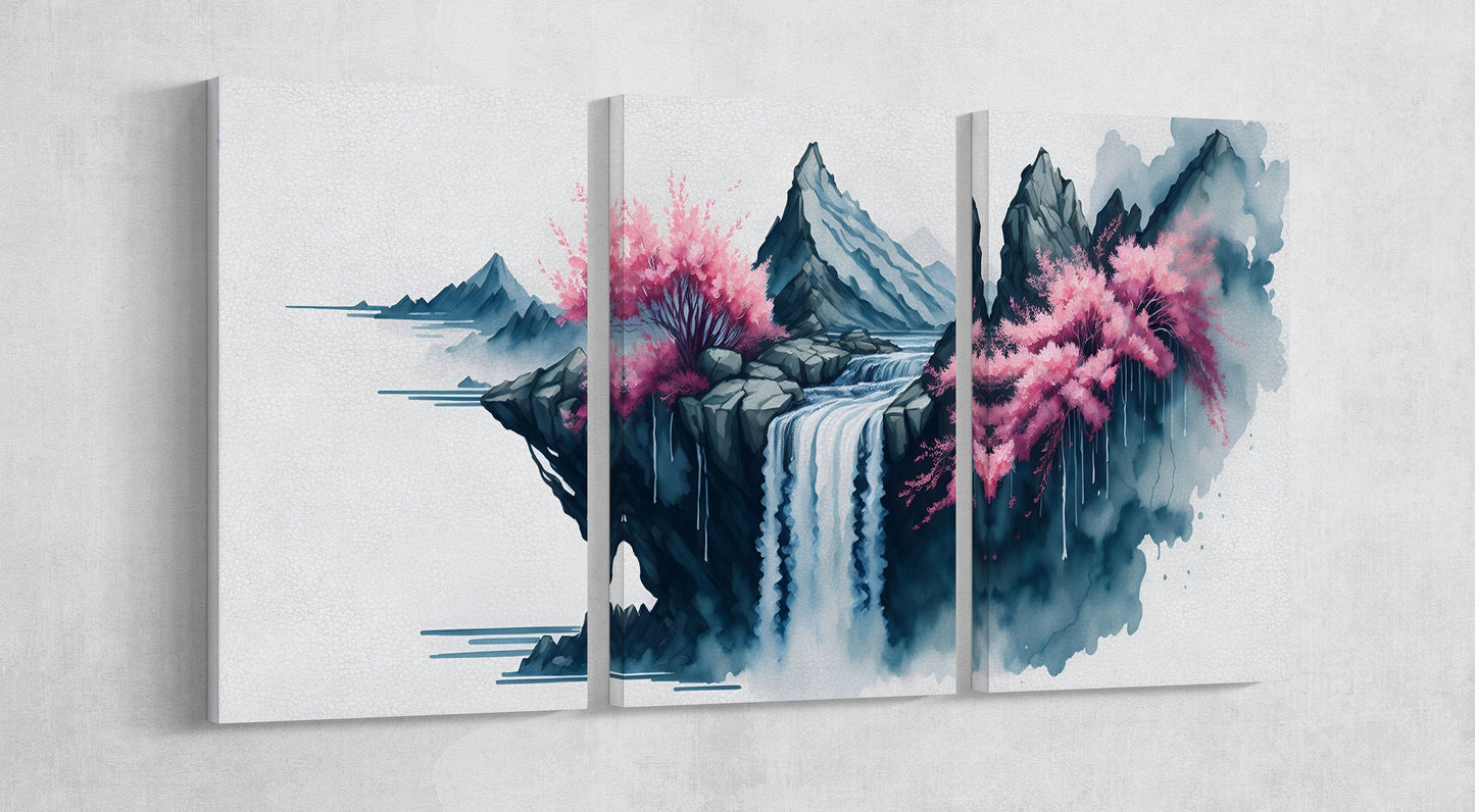 Japan Cherry Blossom Waterfall Ink Artwork Triptych