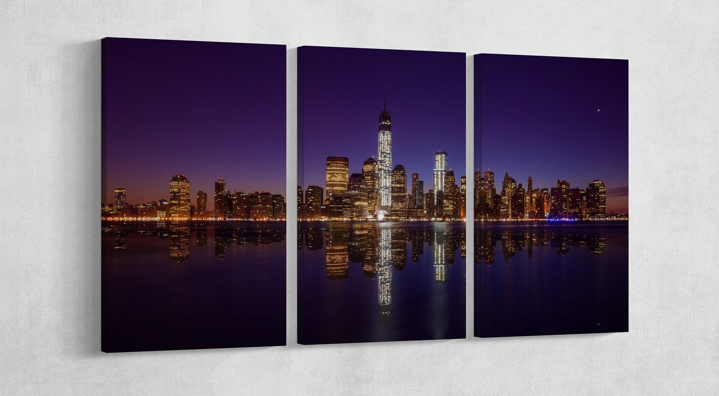 Manhattan Skyline Lights at Night Canvas Wall Art Eco Leather Print 3 panels